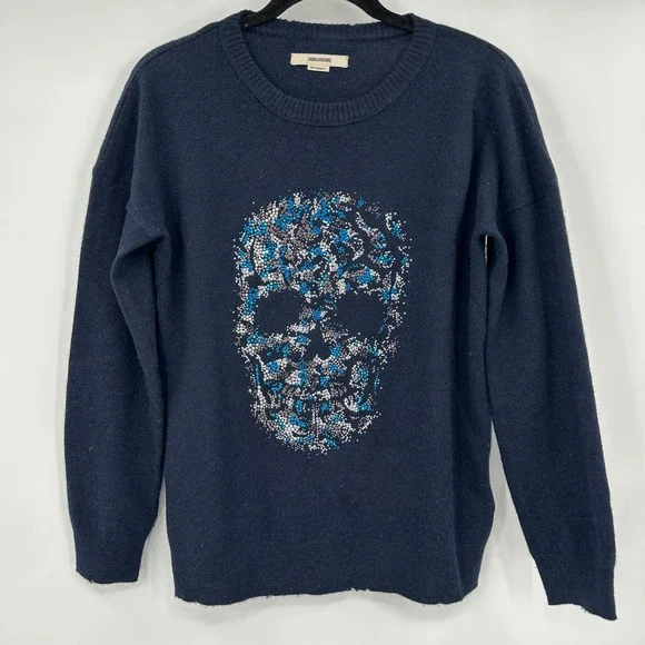 Zadig & Voltaire Gaby Multi Skull Strass Navy Wool Cashmere Sweater Medium Goth - Picture 1 of 10